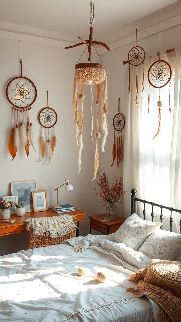 A cozy bedroom featuring various dreamcatchers on the walls, a neatly made bed, and warm lighting.