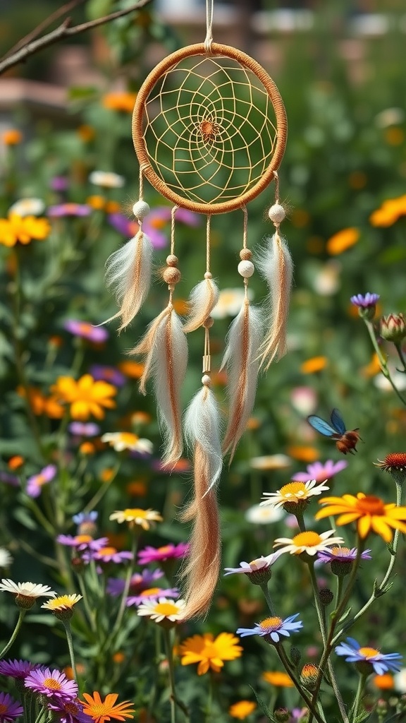 A dreamcatcher hanging amidst colorful flowers in a garden.
