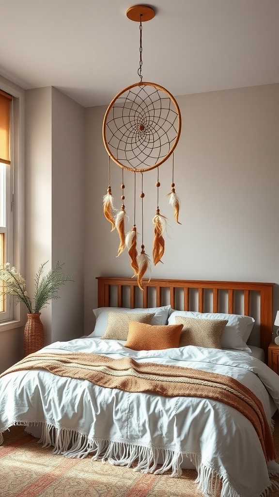 A boho-style bedroom with a dreamcatcher hanging above a bed, featuring warm tones and cozy bedding