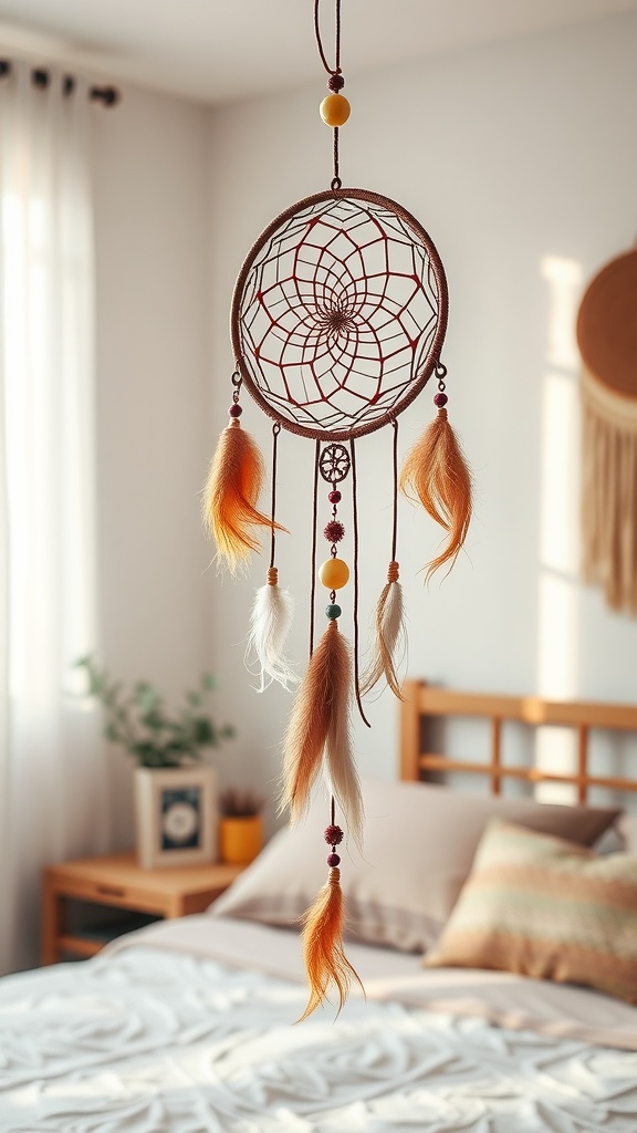 A dreamcatcher hanging in a cozy boho eclectic bedroom with soft lighting and warm colors.