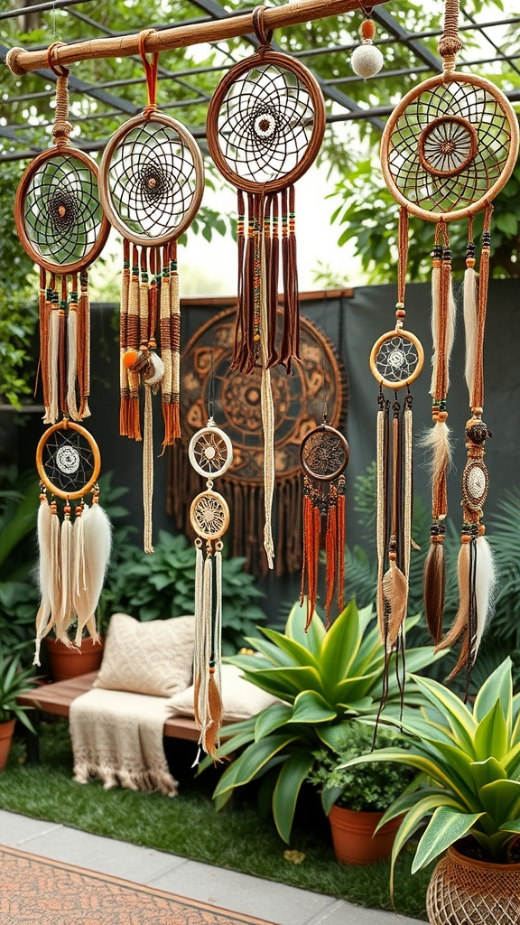 An array of dreamcatchers and wall hangings displayed in a vibrant outdoor space with plants and cozy seating.