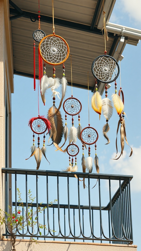A collection of colorful dreamcatchers hanging from a balcony, with feathers and beads, against a blue sky.