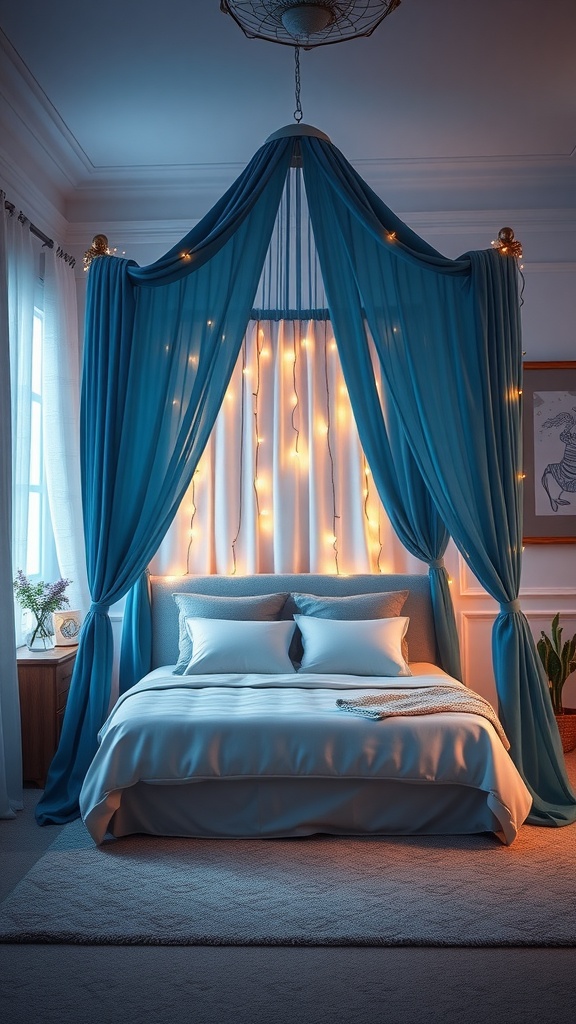 A cozy blue canopy bed draped with soft fabric and adorned with fairy lights, creating a tranquil bedroom atmosphere.