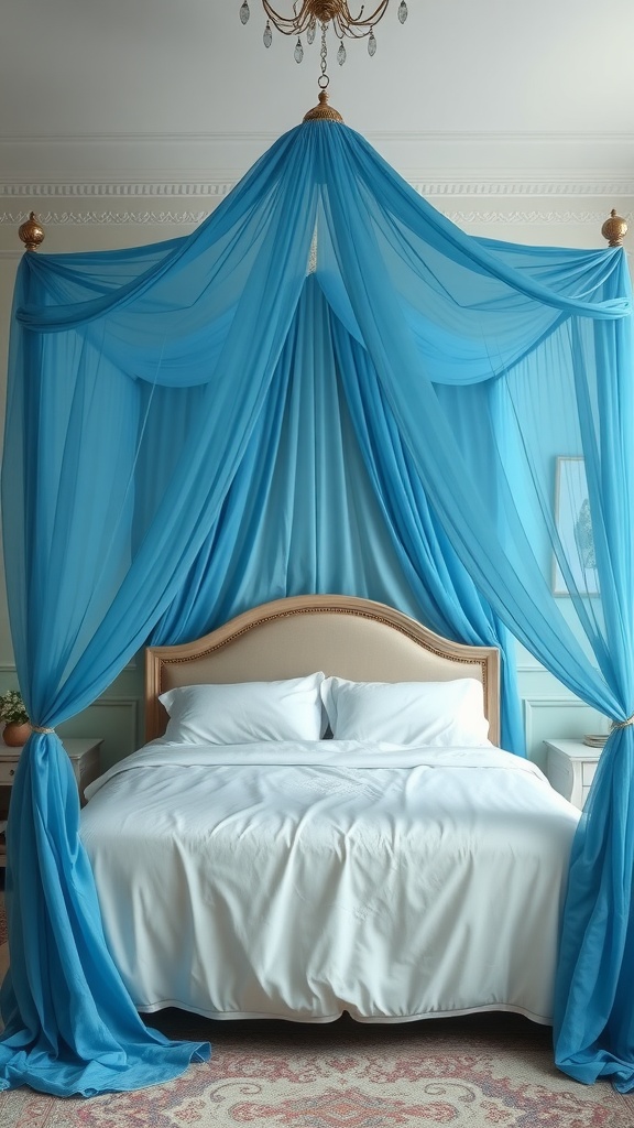 A serene blue canopy bed with flowing drapes and white bedding, set in a tranquil bedroom.