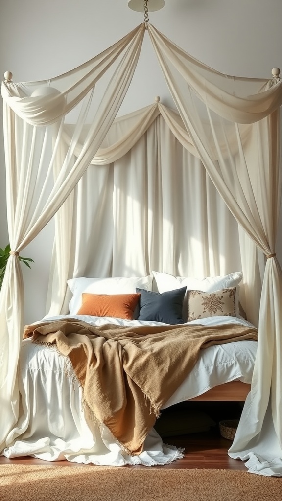 Cozy boho bedroom featuring a canopy bed with soft drapes and decorative pillows