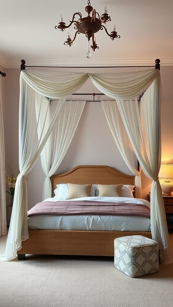 A serene boho bedroom featuring a canopy bed with flowing drapes, warm wood tones, and soft lighting.