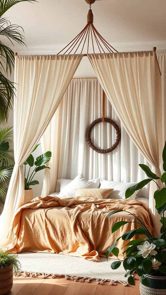 A serene boho bedroom featuring a canopy bed with natural fabrics, warm tones, and plants.