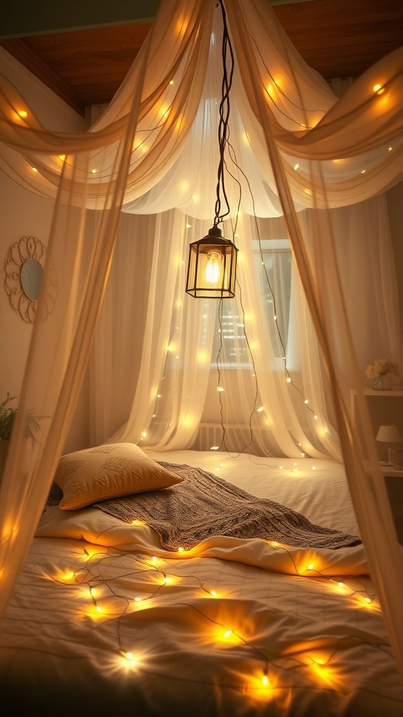 A cozy bedroom with canopy lights, featuring warm fairy lights draped over sheer fabric, creating a serene atmosphere.