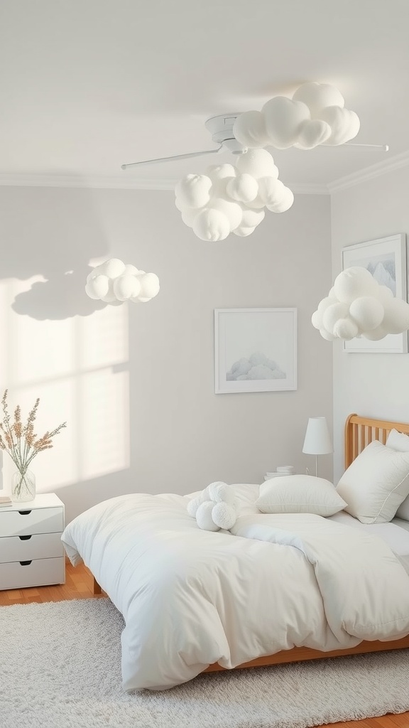 A serene bedroom with cloud-shaped light fixtures and soft white bedding, creating a relaxing atmosphere.