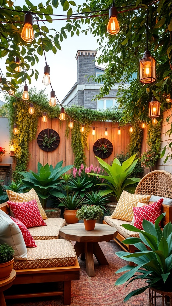 Cozy outdoor seating area with wooden furniture, bright cushions, and hanging lights surrounded by lush plants.