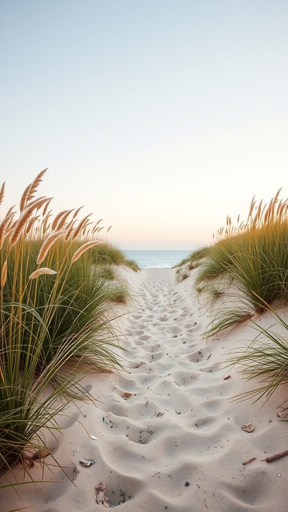 A sandy pathway bordered by dune grass leading to the ocean