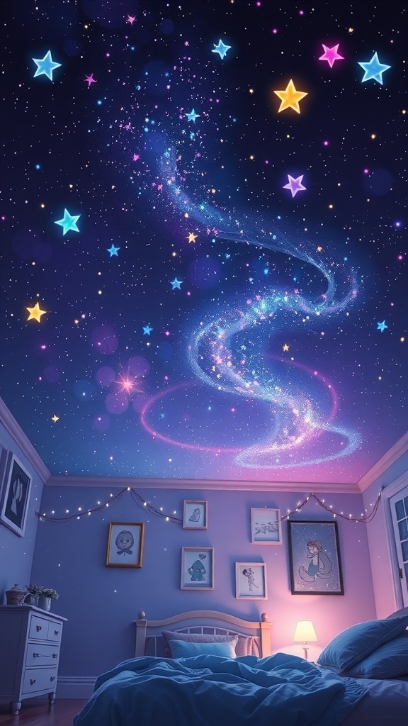 A cozy bedroom with a starry ceiling, featuring colorful stars and a comfortable bed.