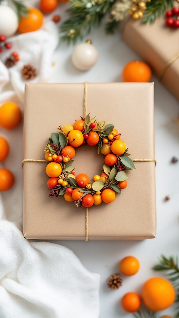 A beautifully wrapped gift with a dried citrus wreath decoration on top.