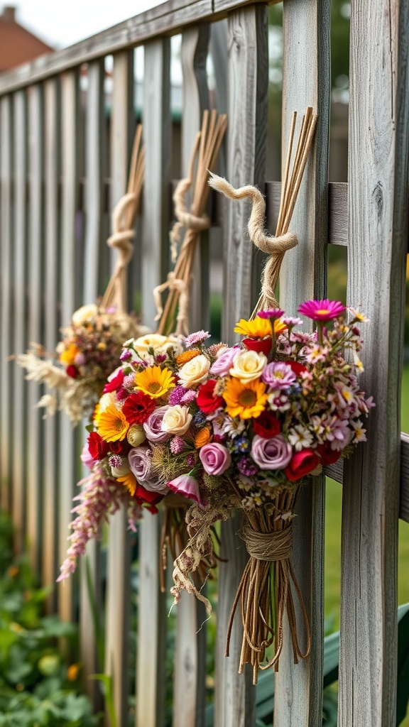Three dried flower bouquets hanging on a wooden fence