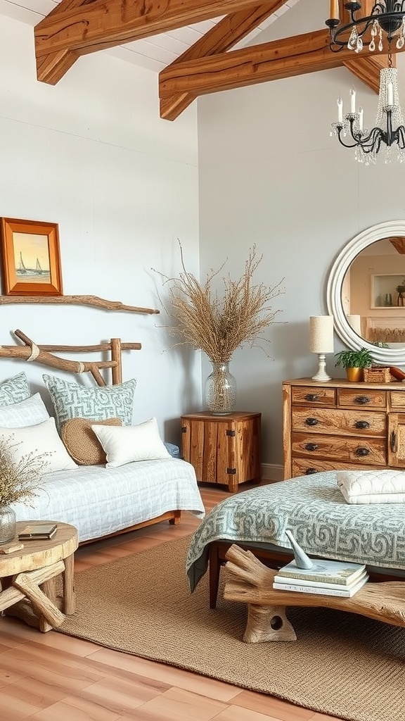 A cozy bedroom featuring driftwood accents with blue tone bedding and rustic decor.