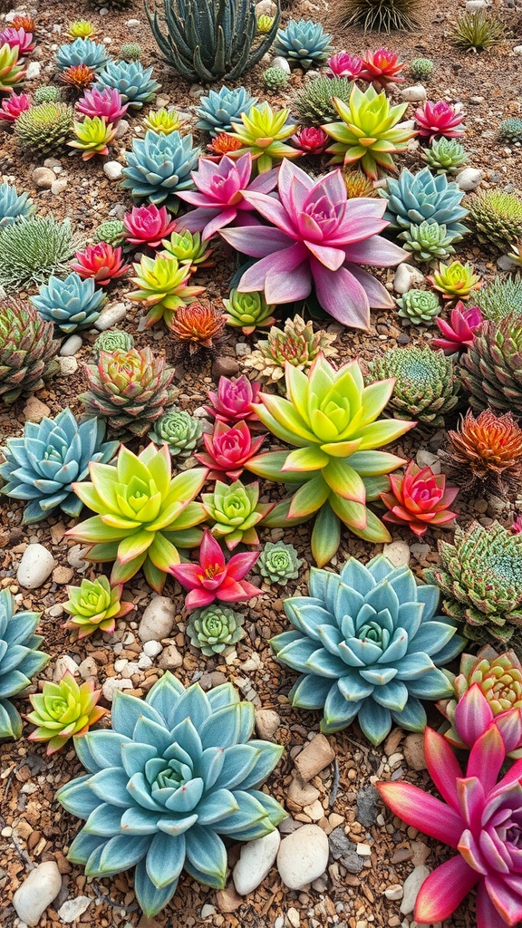 Colorful arrangement of various succulents in a garden setting.