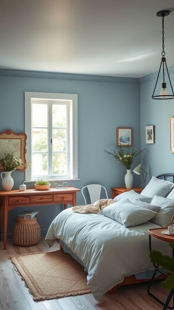 A cozy bedroom featuring dusty blue walls, wooden furniture, and soft bedding, creating a calm atmosphere.