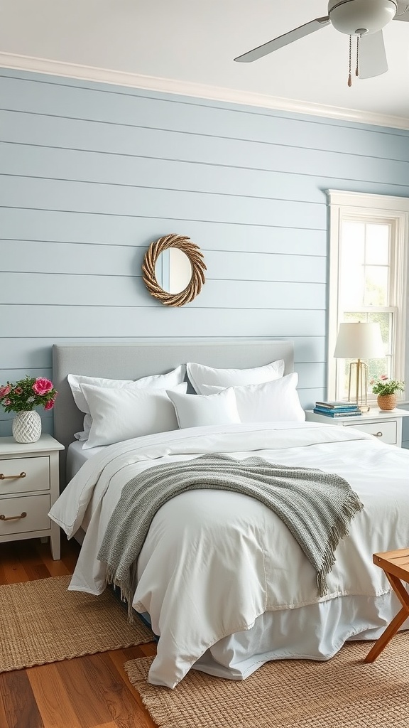A cozy bedroom with dusty blue shiplap accent wall and neutral bedding