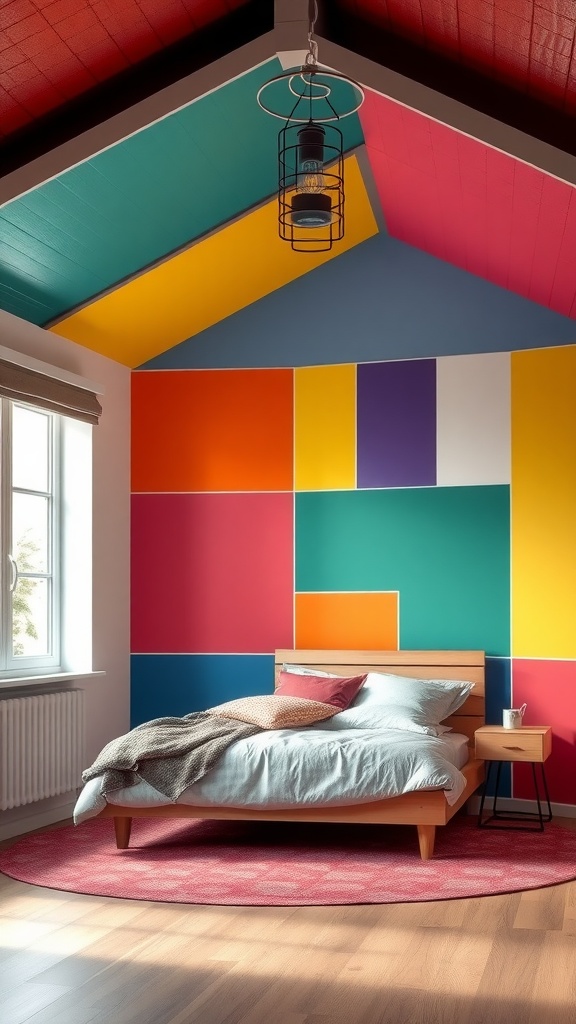 A teenager's bedroom featuring a wall decorated with colorful blocks in various shapes and sizes.