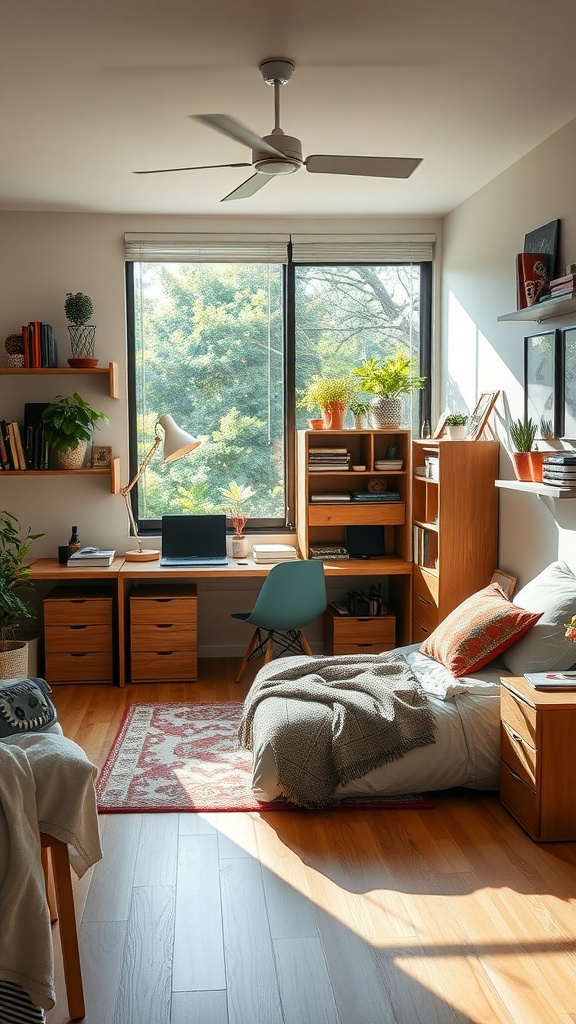 A cozy and modern bedroom space for a teenage boy with a bed, desk, and plants.