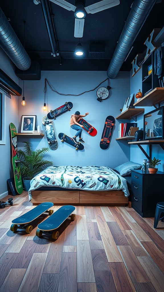 A dynamic skate park inspired room featuring skateboards on the walls, a cozy bed, and a welcoming atmosphere.