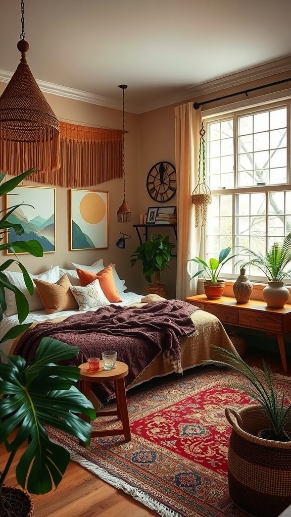 Cozy Boho jungle-themed bedroom featuring earthy colors, plants, and natural materials