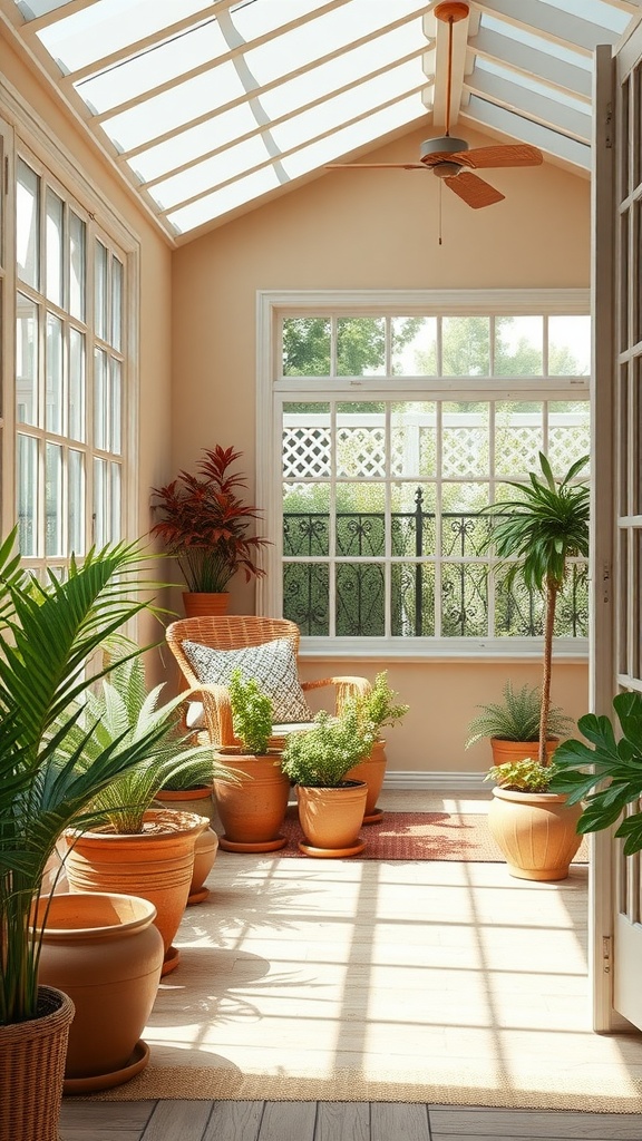 A sunroom filled with plants in terracotta pots, featuring a cozy chair and natural light coming through the roof.