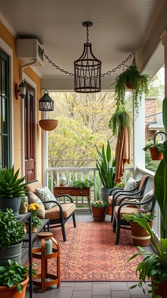 A bohemian-style back porch featuring earthy tones, plants, and cozy seating.