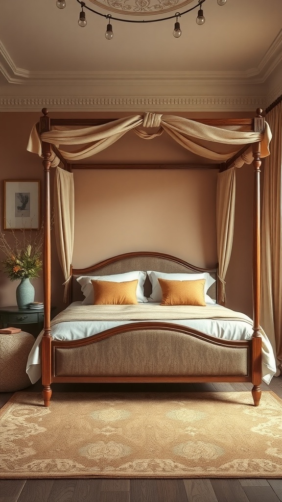 A serene boho bedroom featuring a wooden canopy bed with beige drapes, orange pillows, and an earthy color palette.