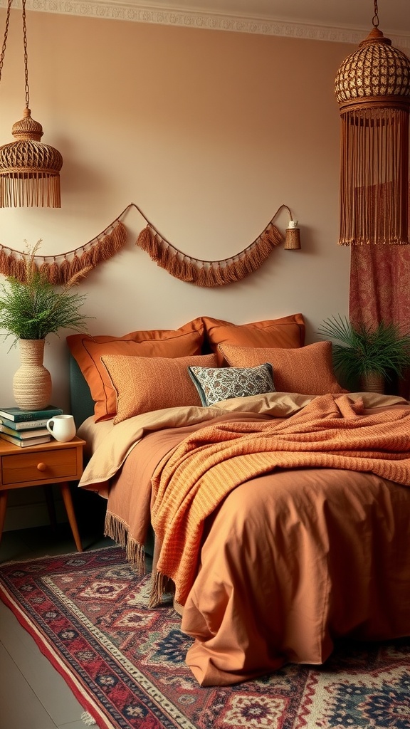 A cozy bedroom featuring earthy tones, layered bedding, and decorative elements in a rustic boho style.
