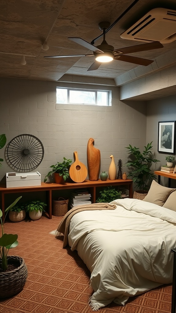Cozy farmhouse basement bedroom with earthy colors, plants, and wood decor.