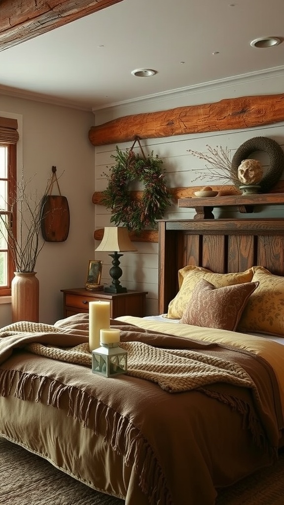 A cozy rustic boho style bedroom featuring white bedding, wooden furniture, and decorative accents.