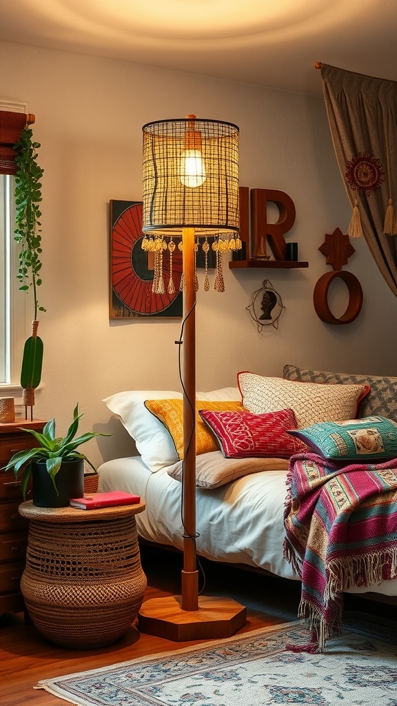 A cozy boho bedroom featuring a floor lamp with a woven shade, colorful throw pillows on the bed, and a natural wood base.