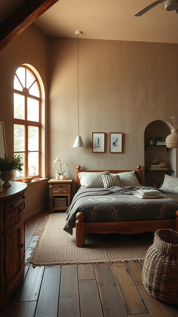 A cozy farmhouse bedroom featuring earthy taupe walls, wooden furniture, and natural light.
