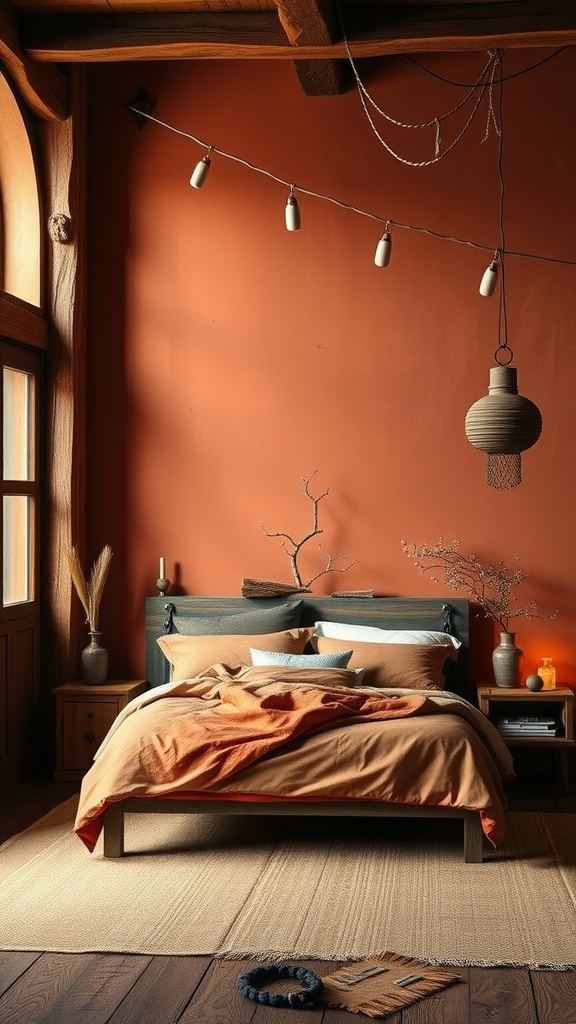 A cozy bedroom with an earthy terracotta accent wall, wooden ceiling beams, and warm lighting.