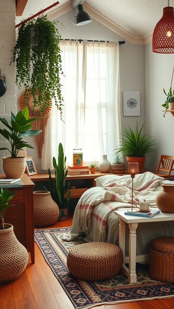 A boho-style bedroom with earthy textures and natural elements, featuring plants, woven baskets, and warm lighting.