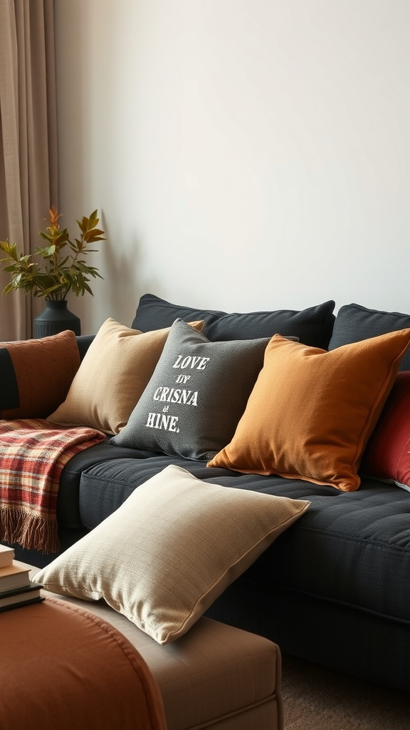 A cozy dark living room with a dark couch adorned with earthy toned pillows including burnt orange, beige, and a decorative pillow with text.