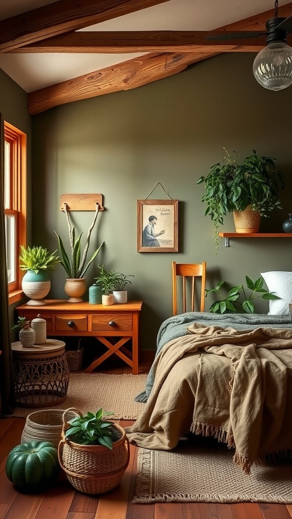 A cozy farmhouse bedroom featuring earthy tones, wooden accents, and plants, creating a natural and inviting atmosphere.