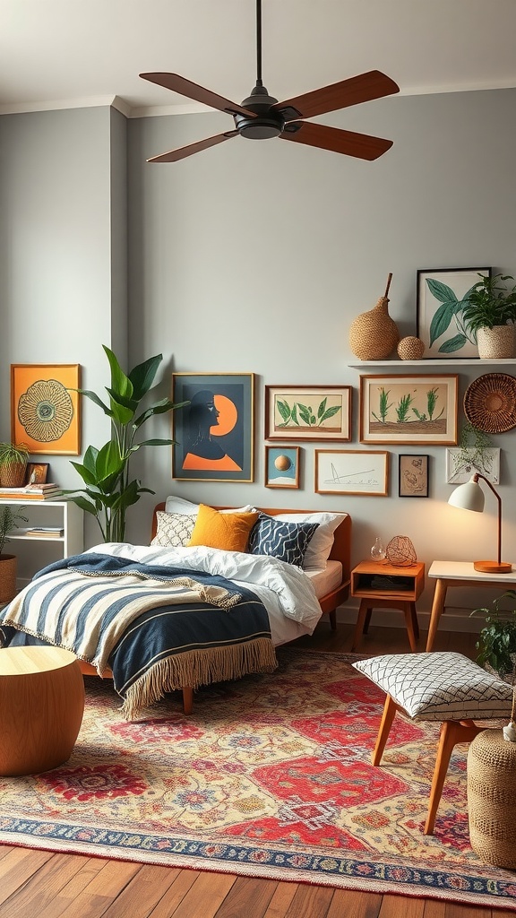 A cozy bedroom featuring eclectic art, plants, and Boho Mid-Century Modern decor.