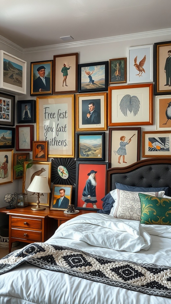 A cozy boho eclectic bedroom featuring an eclectic art display on the wall, showcasing various framed artworks and a humorous quote.
