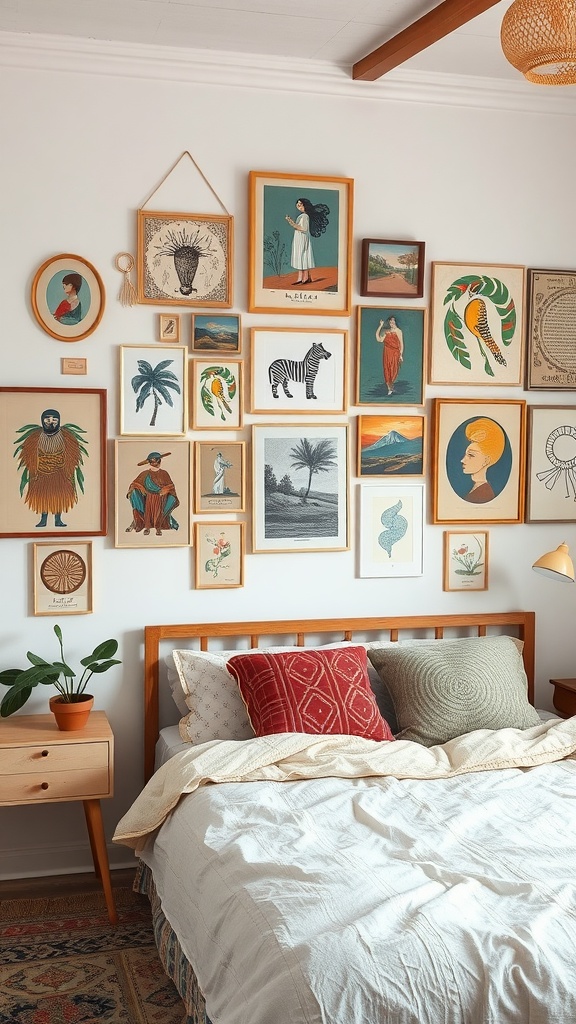 A cozy bedroom featuring a gallery wall with eclectic art displays, a wooden bed, pillows, and a bedside table with a plant.