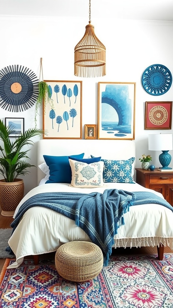 A vibrant boho bedroom featuring blue accessories, layered textiles, and eclectic decor.