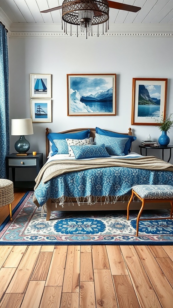 A cozy blue bedroom with patterned bedding, nautical-themed artwork, and wooden flooring.