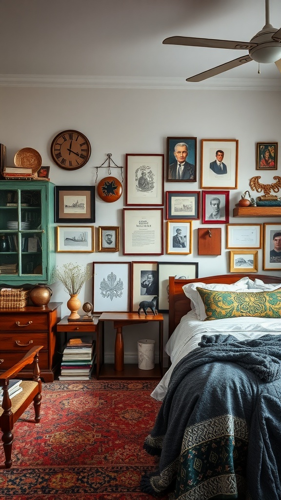 A cozy bedroom featuring a gallery wall of framed art, vintage furniture, and decorative elements, embodying rustic boho style.