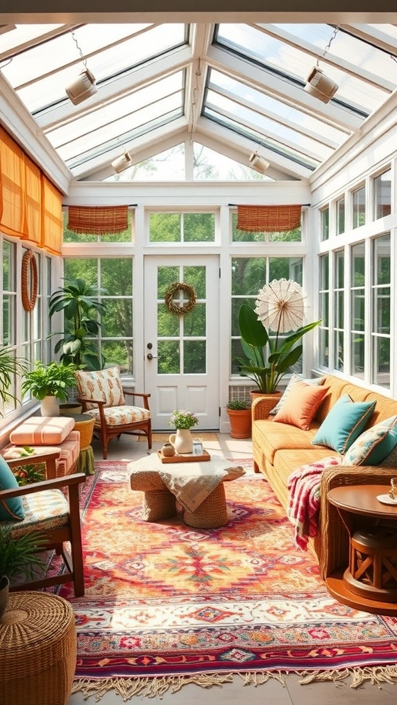 A bright and cozy sunroom filled with bohemian decor, featuring an orange sofa, colorful cushions, and layered rugs.