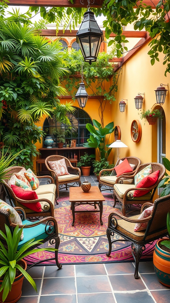 Cozy bohemian patio with eclectic furniture and lush greenery