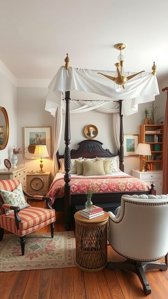 A serene boho bedroom featuring a canopy bed with eclectic furniture choices, including a striped armchair and elegant decor.
