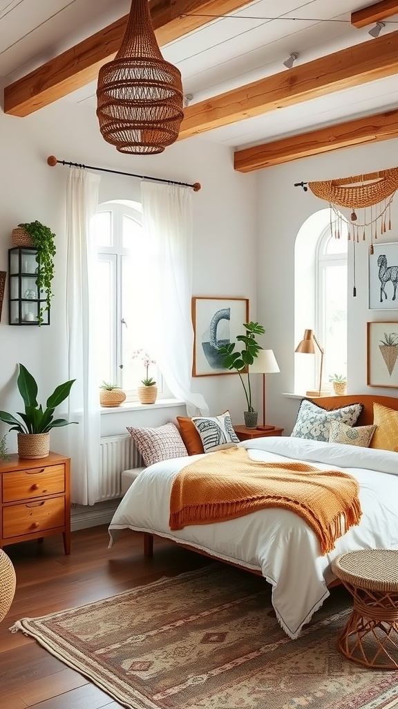 A cozy Boho Mid-Century Modern bedroom featuring eclectic furniture, warm wood tones, vibrant textiles, and potted plants.