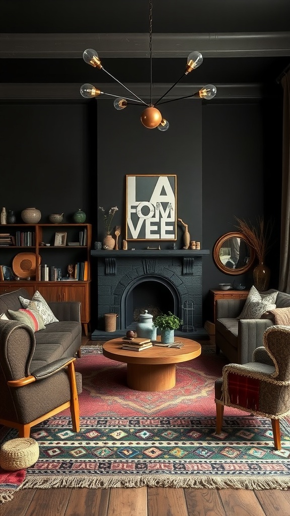 A dark boho living room featuring a mix of eclectic furniture, a patterned rug, and modern lighting.