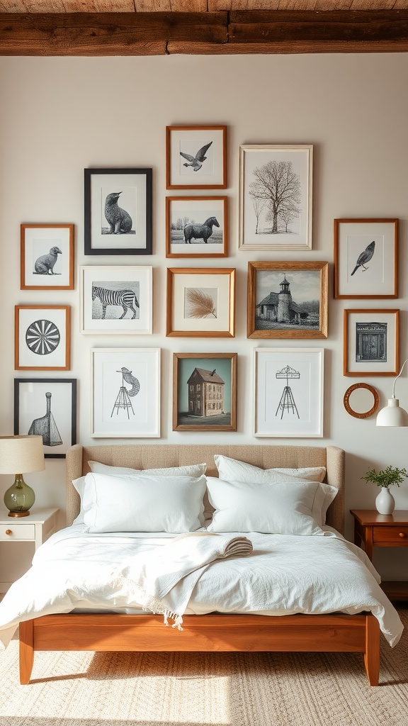 A cozy bedroom featuring an eclectic gallery wall above the bed with various framed artworks in neutral tones.